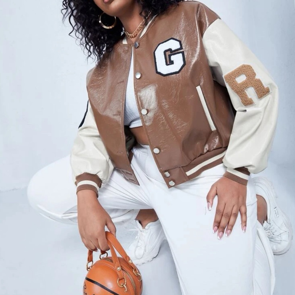 Letter Patched Striped Trim Drop Shoulder Leather Varsity Jacket